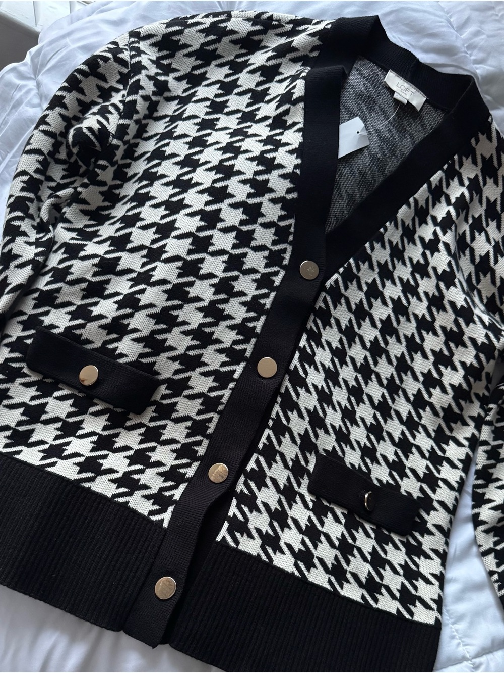 LOFT Black & White Houndstooth Cardigan with Gold Buttons